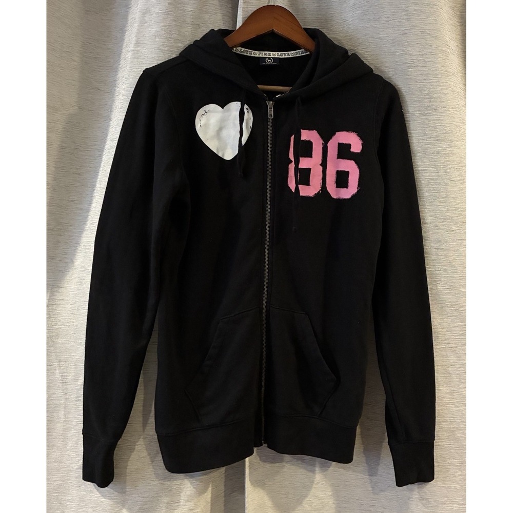 Victoria’s Secret Pink Love PINK 86 Full Zip Hoodie Black Heart Size XS Y2K